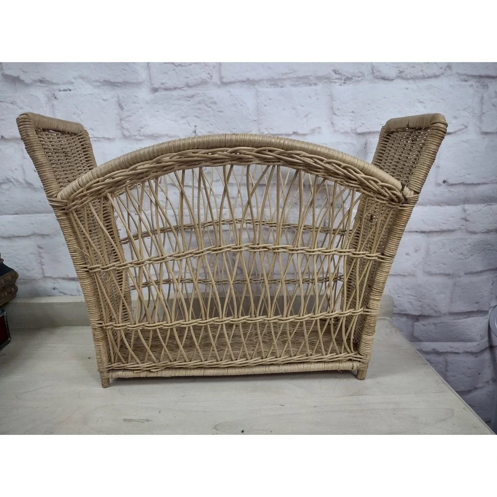 Vtg Wicker Woven Magazine Rack Arched Design Boho Retro Storage